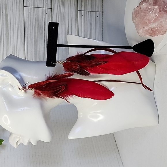 Boho Long Red Real Feather Earrings - Picture 5 of 6
